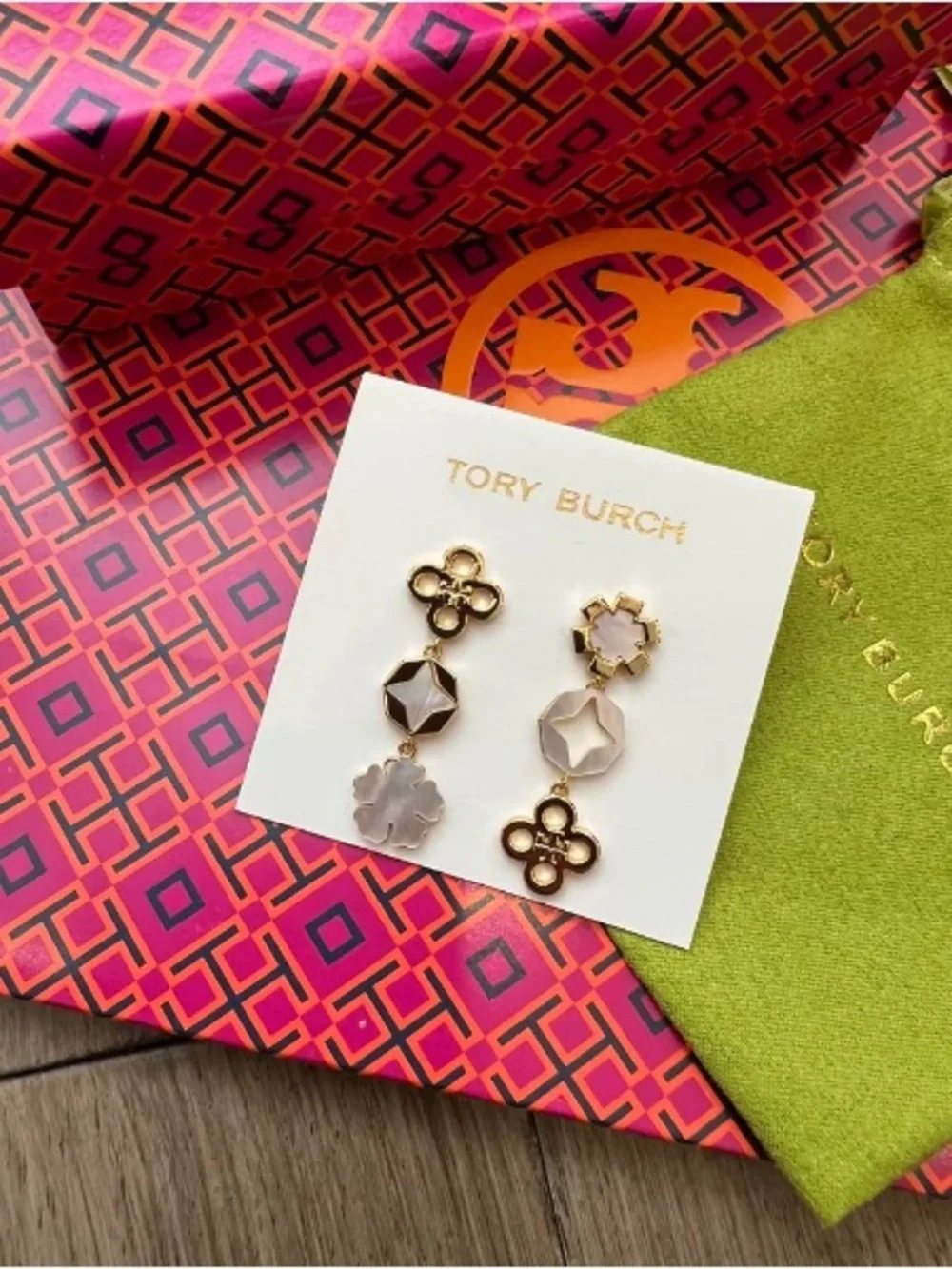 Tory Burch Pink and Gold Tiered Floral Drop Earrings